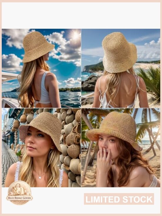 Straw Beach Sun Hat Foldable Packable Floppy Handmade Crochet Wide Brim main image 6